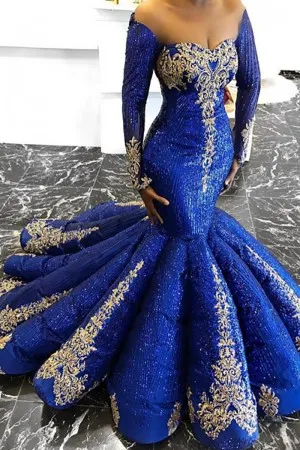 african royal blue glitter gold lace applique prom gown