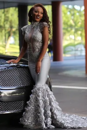 silver beaded lace scalloped cut out 3d rose prom gown