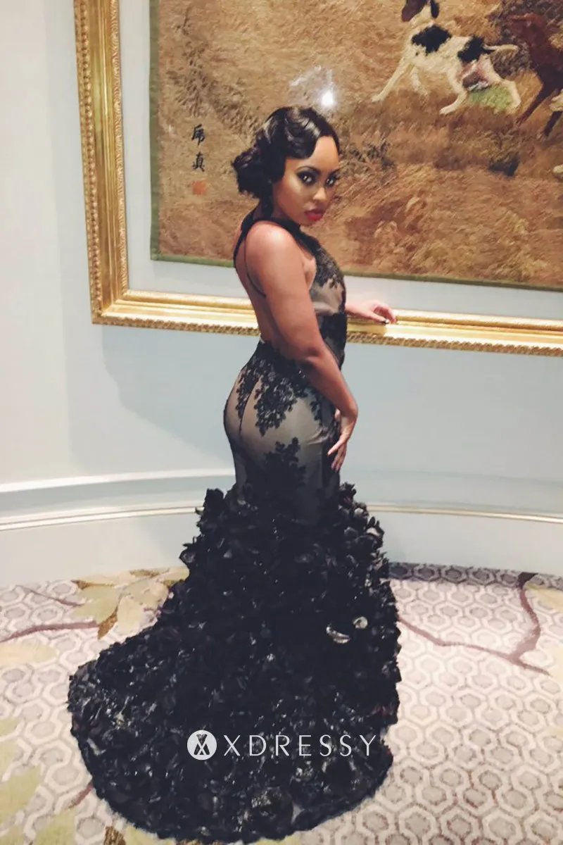 black lace open back mermaid african prom dress with short train