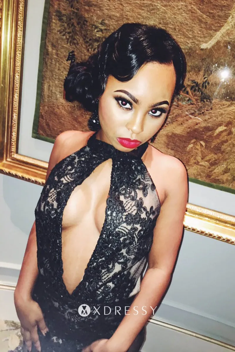 sexy choker neck cut out lace prom dress