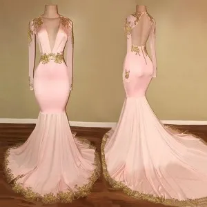 sexy plunging v neck pink jersey gold lace formal dress