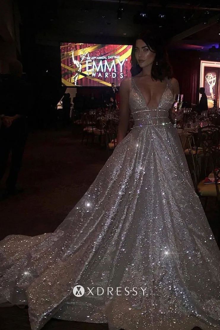 sparkly silver glitter plunging neck a line long prom party dress