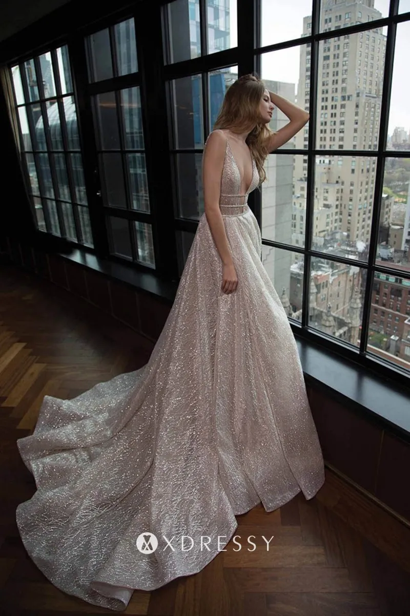 sparkly silver glitter plunging neck a line long train prom dress