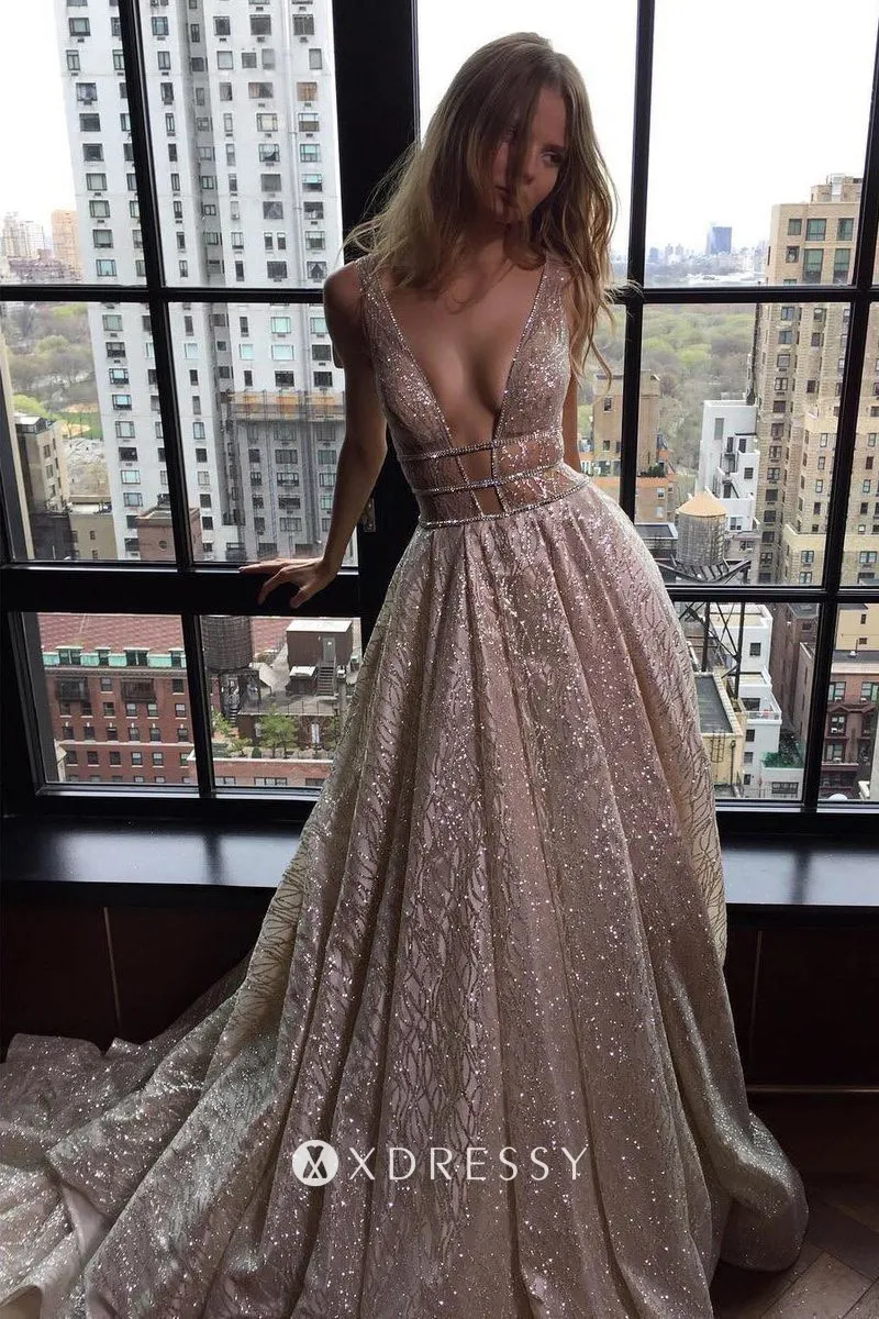 Sparkly Silver Glitter Plunging Neck Aline Prom Dress Xdressy