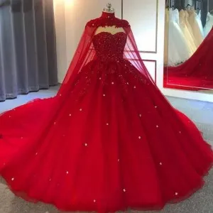 red sweet 16 ball gown quinceanera dress removable cape
