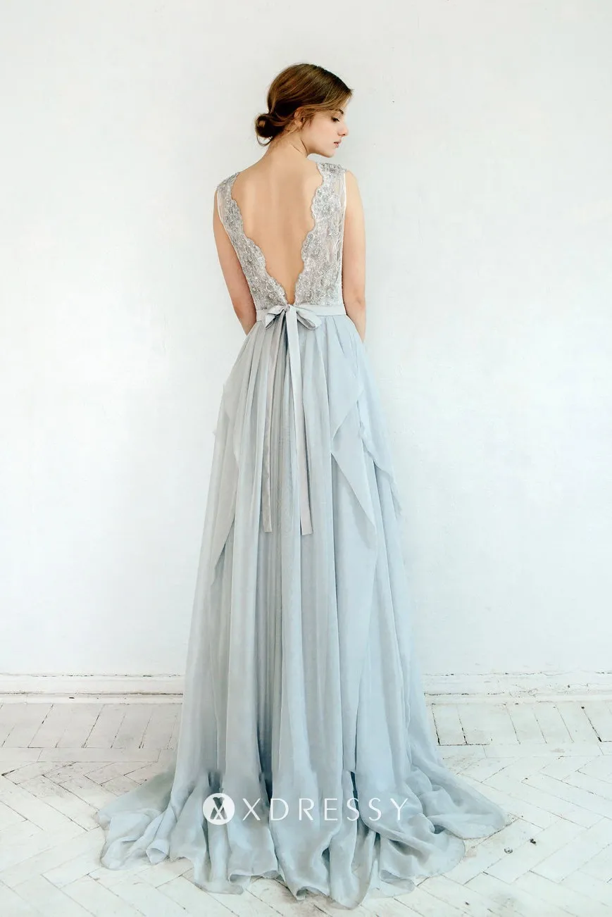 baby blue scalloped low v back lace chiffon long bridesmaid formal gown