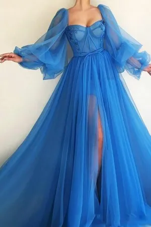 blue tulle sweetheart neck puff sleeve slit prom dress