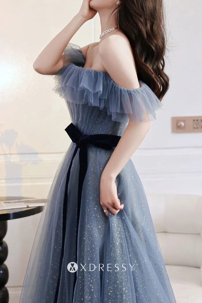 elegant off the shoulder glitter starry blue wedding guest dress