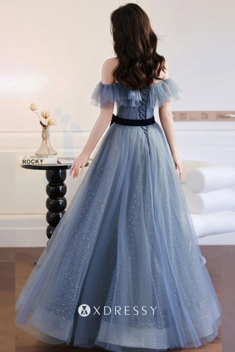 off the shoulder glitter blue party dress with black belt