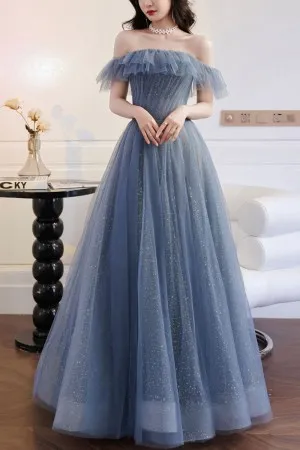 ruffled off the shoulder blue glitter engagement dress