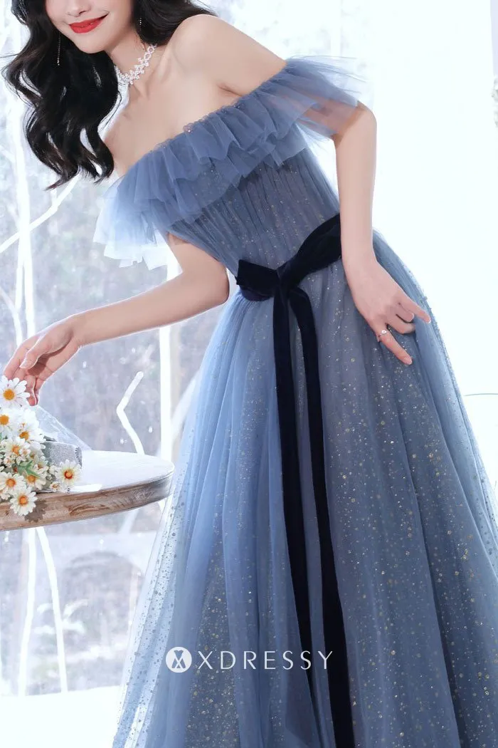 ruffled off the shoulder glitter a line party dress