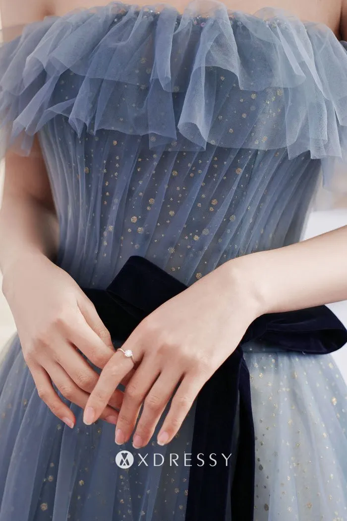 ruffled off the shoulder glitter blue dress
