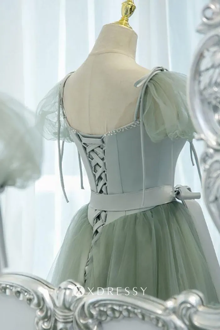 crossed strap puffy short sleeve lace up back vintage prom gown