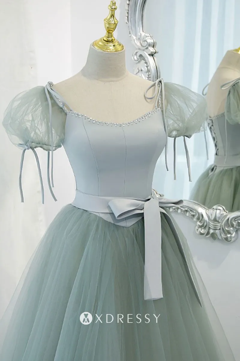 scoop neckline basque waist puffy short sleeve sage green prom dress