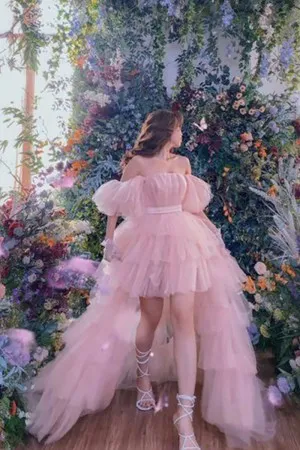 pink tulle tiered ruffled high low birthday party dress