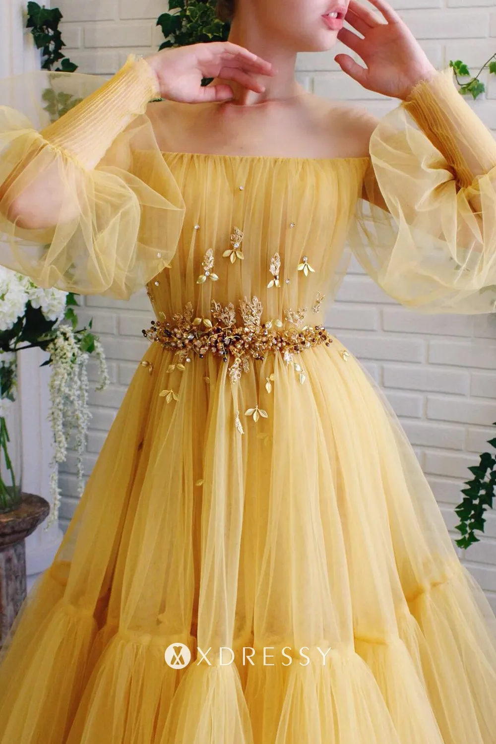 sheer long sleeve beaded yellow tulle long party gown