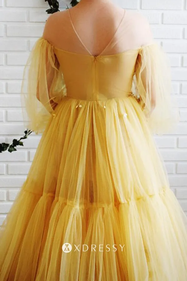 yellow tulle v back prom dress