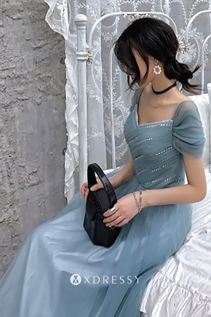 dusty blue glitter tulle v neck cap sleeve prom party dress