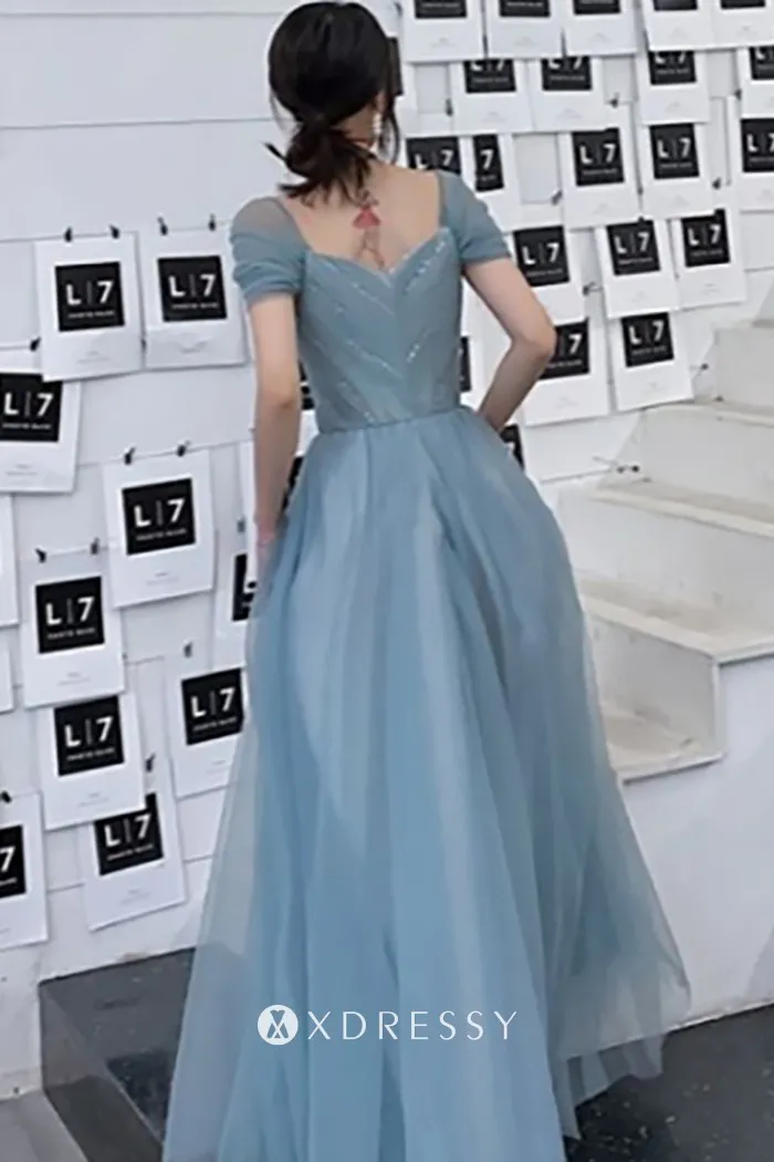 shimmering glitter tulle cap sleeve a line long bridesmaid dress