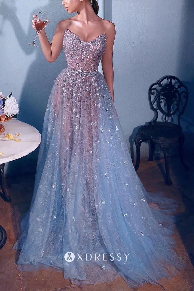 Glitter Cornflower Blue Lace Strapless Engagement Dress Xdressy