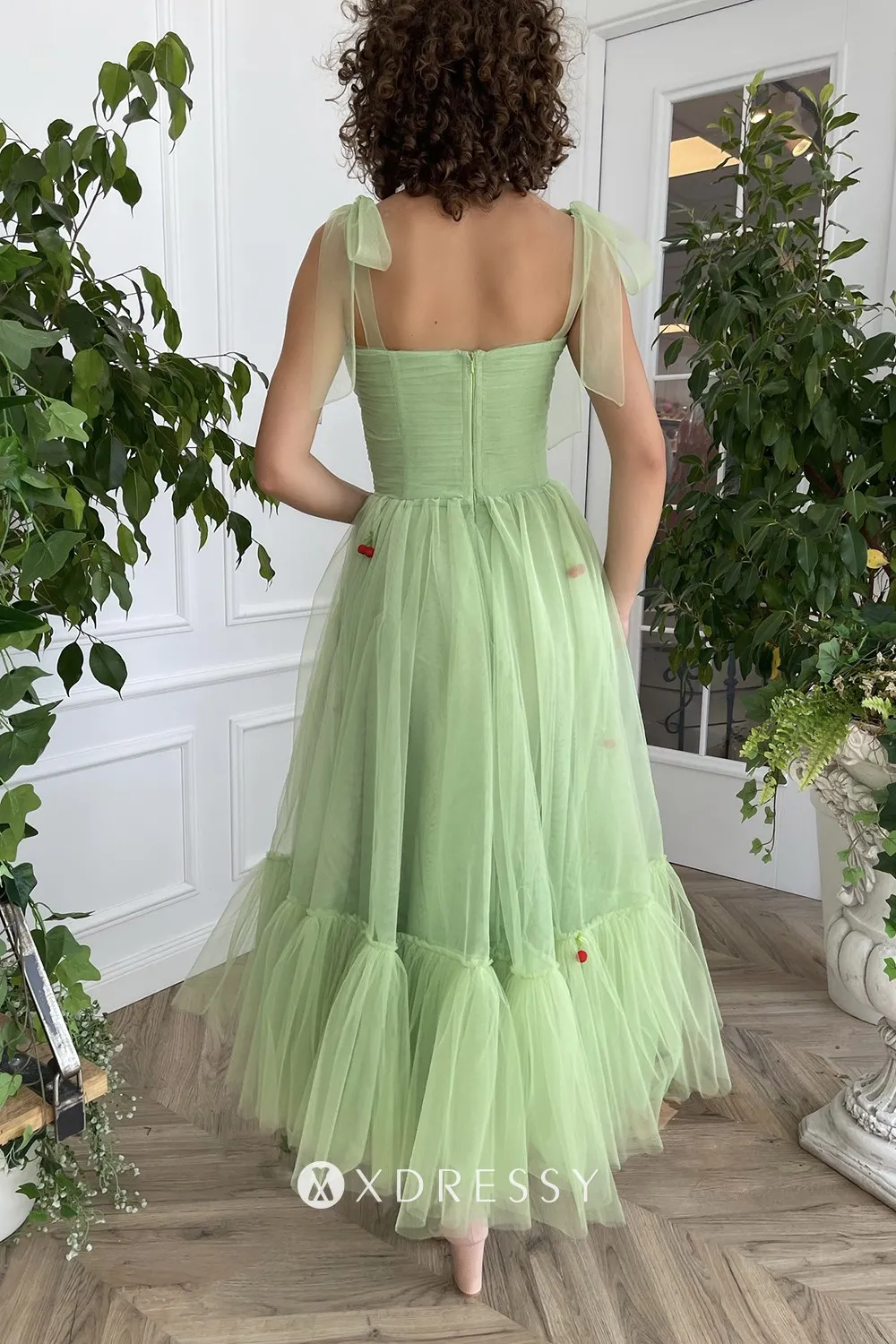 cute cherry bow straps pockets midi green prom dress cute cherry bow straps pockets midi green prom dress