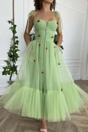 cute cherry green tulle pockets a line midi party dress
