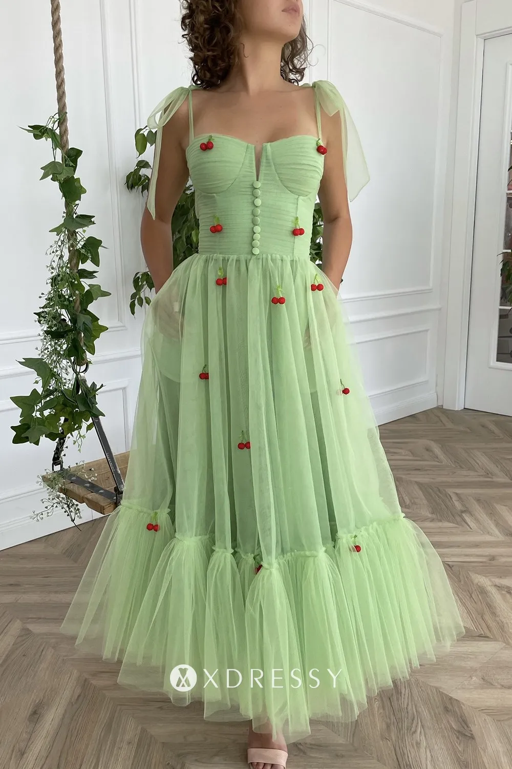 Cute Cherry Green Tulle Pockets A-line Midi Party Dress