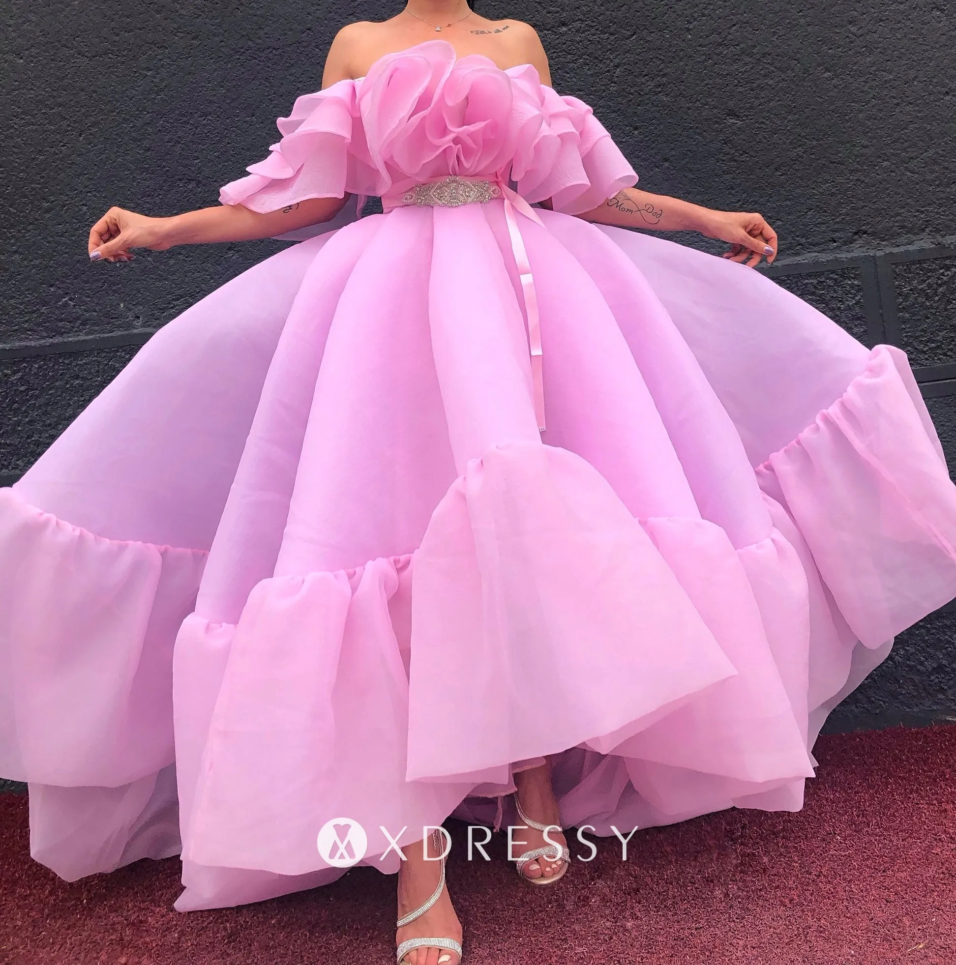 ruffled off the shoulder cute pink organza birthday party dress