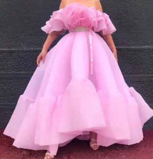 ruffled off the shoulder cute pink organza prom dress