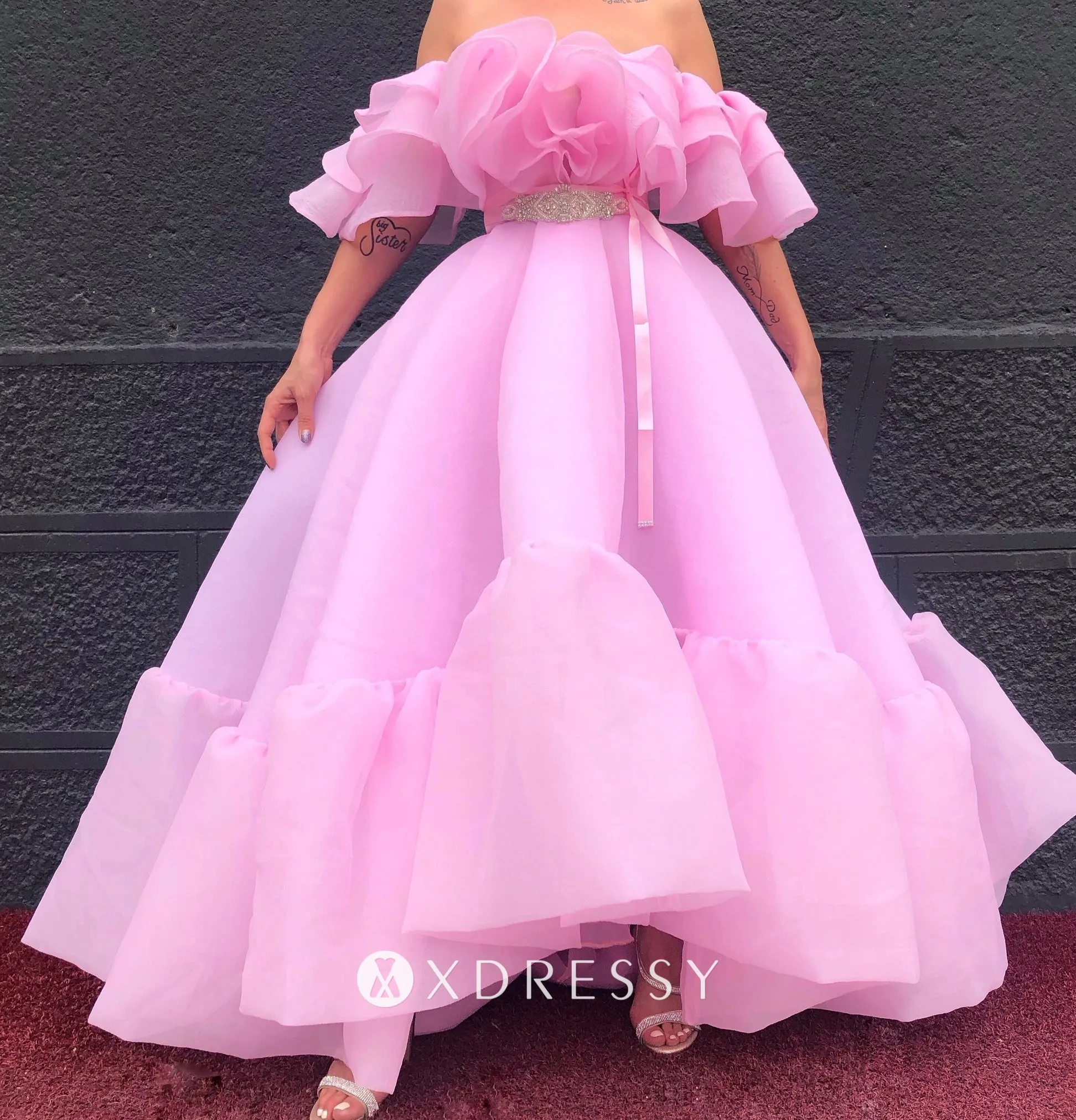 Ruffled Offtheshoulder Cute Pink Organza Prom Dress Xdressy