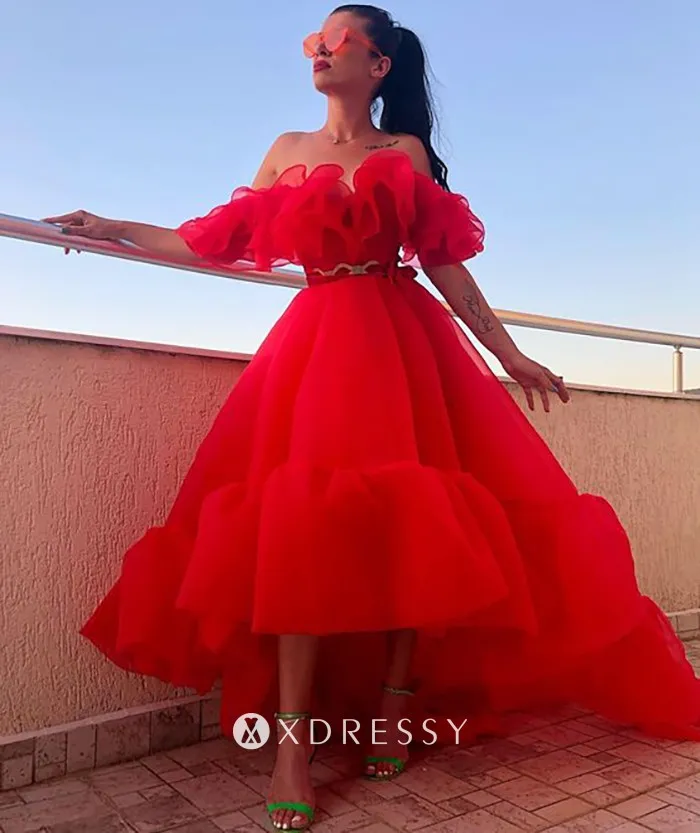 ruffled off the shoulder red organza ball gown prom dress