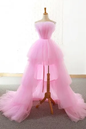 pink tulle high low tiered layered birthday party dress