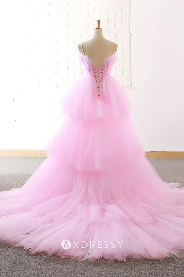 pink tulle tiered lace up back birthday party dress