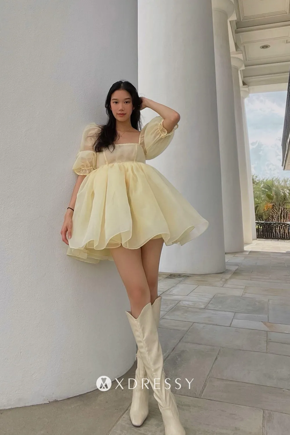 short sleeve light yellow organza mini puffy graduation dress