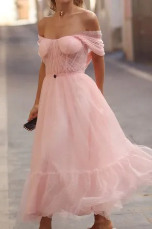 dotted baby pink tulle ankle length a line homecoming dress