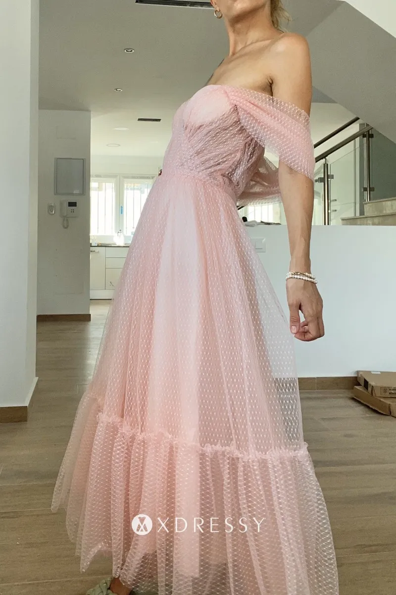 dotted baby pink tulle ankle length a line party dress dotted baby pink tulle ankle length a line party dress