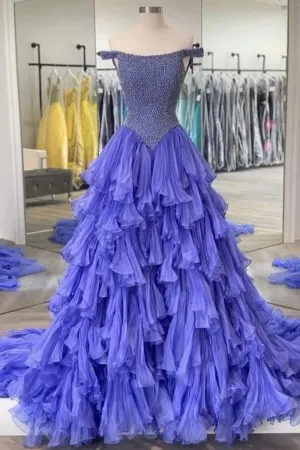 unique beaded blue purple ruffled prom formal gown