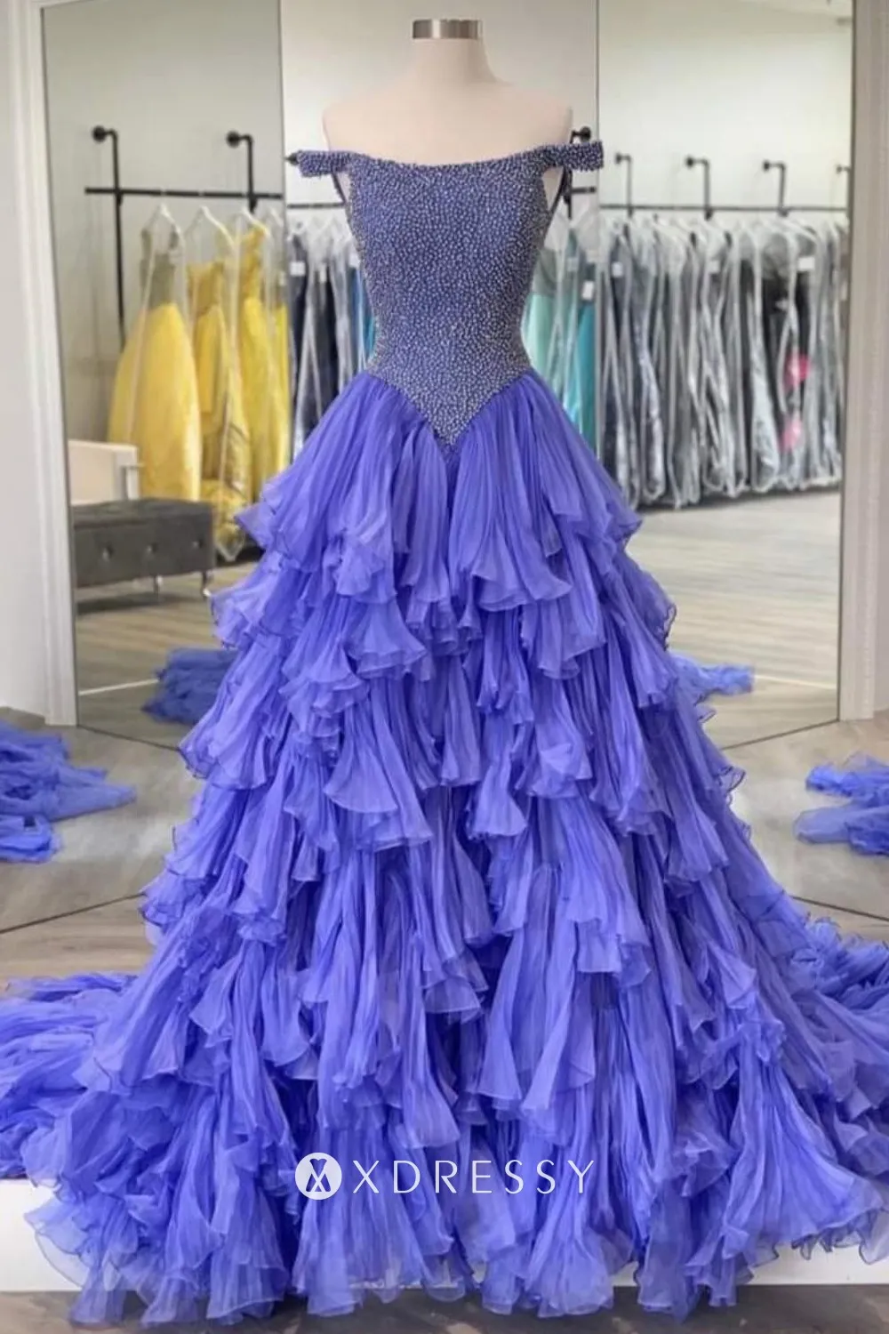 unique beaded blue purple ruffled prom formal gown