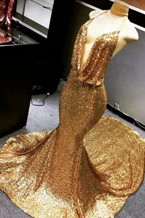sparkly gold sequin deep cowl neck mermaid prom dress
