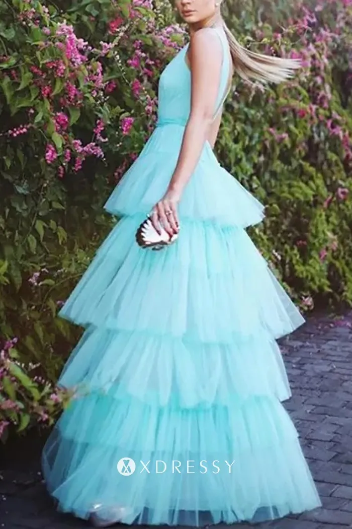 light blue tulle plunging v neck tiered long birthday party dress