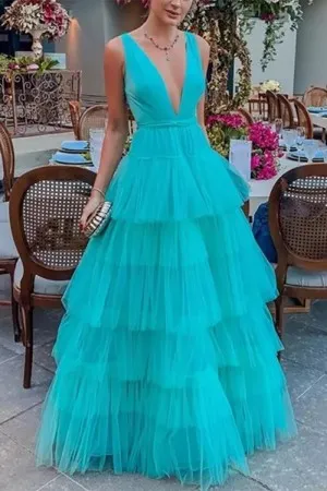 tiffany blue tulle plunging v neck tiered dance dress