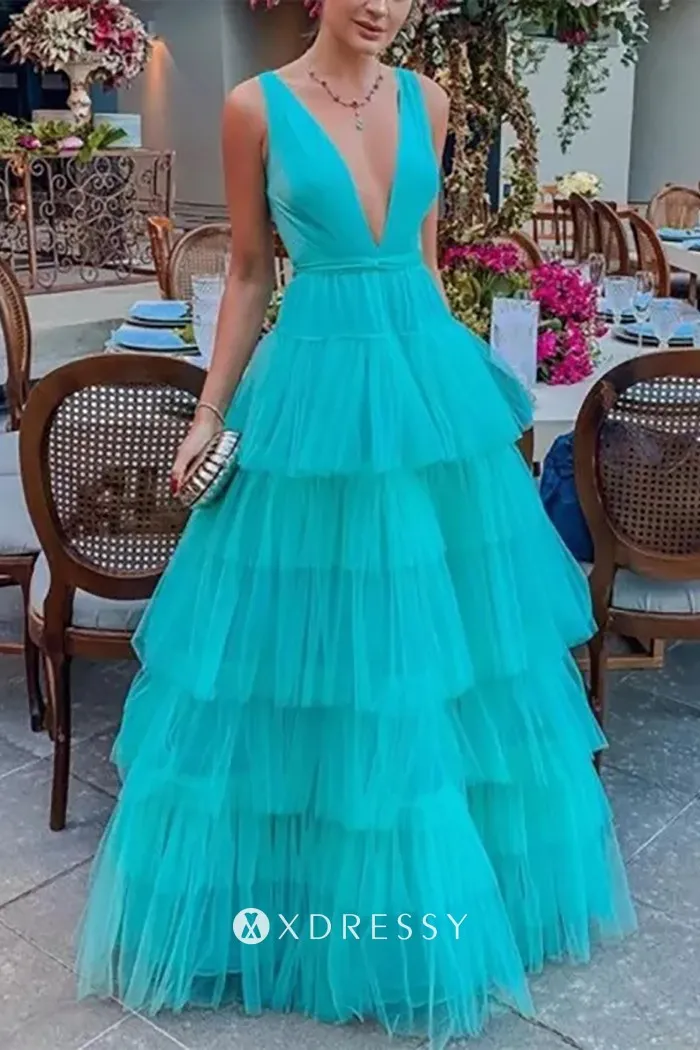 tiffany blue tulle plunging v neck tiered dance dress