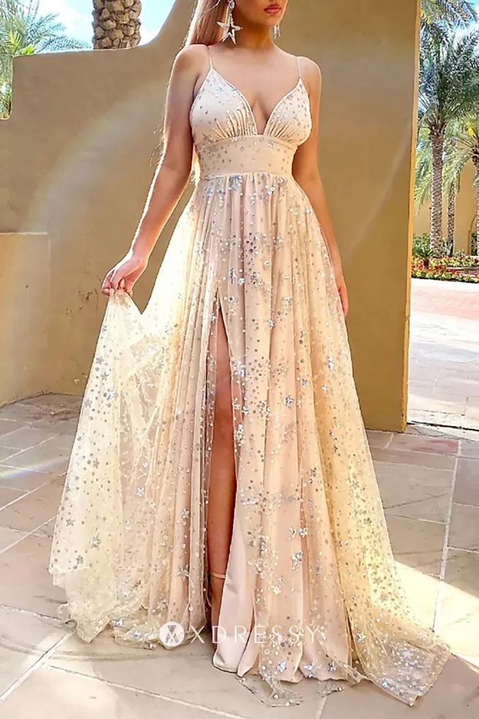 glitter starry tulle deep v neck slit prom dance dress
