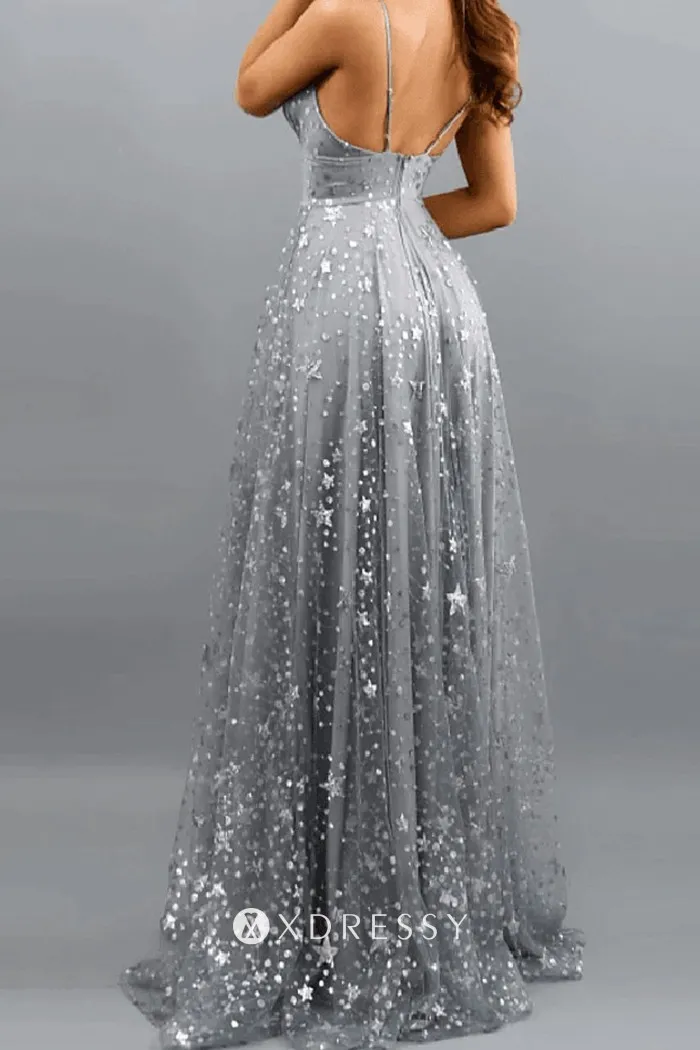 grey glitter starry tulle long prom dance dress