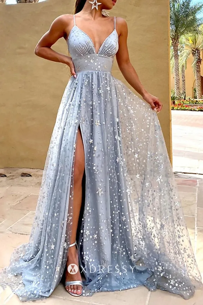 spaghetti straps glitter starry tulle slit a line prom dance dress