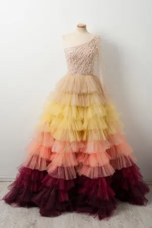 unique pearled one sleeve multi color tiered prom dress
