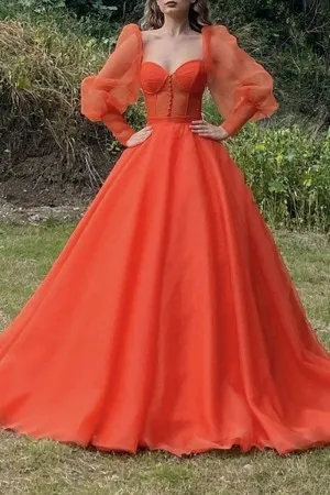 orange organza corset long sleeves princess ball gown