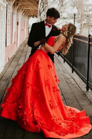 red satin 3d flowers two piece engagement dress