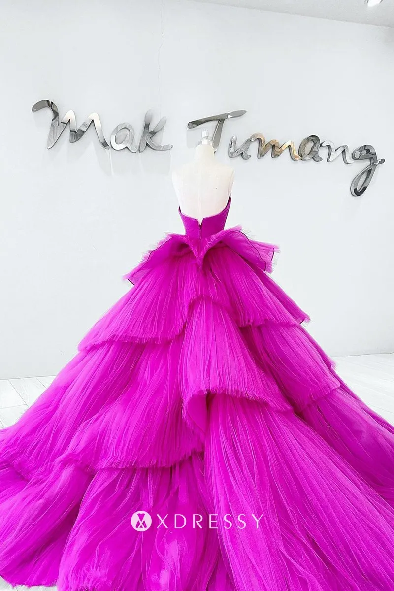 fuchsia tulle beaded pleated tiered ball gown prom gown fuchsia tulle beaded pleated tiered ball gown prom gown