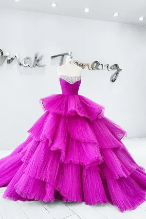 fuchsia tulle beaded pleated tiered princess prom gown